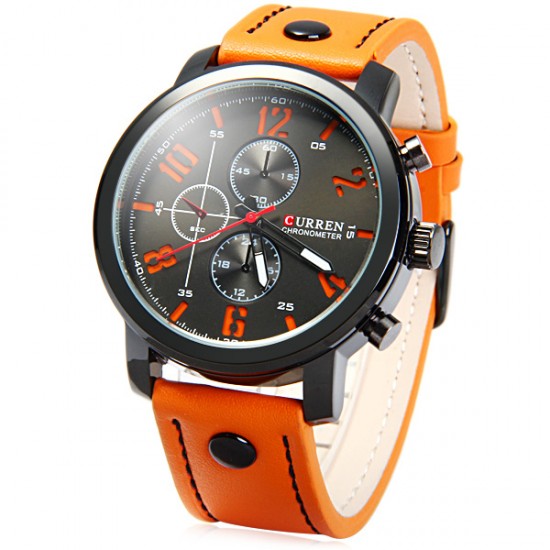 Curren 81C92 Modna Ročna Ura – Oranžna usnjena pas in črna številčnica